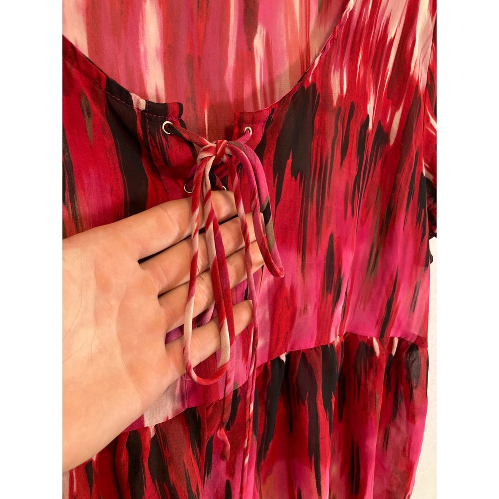 Boho a.n.a Women XL Pink Red‎ Abstract Flutter Sleeve Lace Up Sheer Blouse - Picture 4 of 11